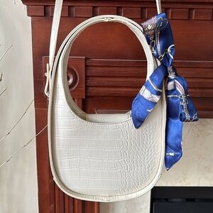 A New Day Cream Faux Crocodile Structured Crossbody Purse w/ Blue Nautical Twill